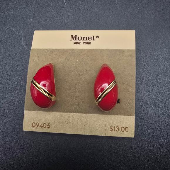 Monet Red Enamel Half Hoop Clip On Earrings On Card NOS Vintage - Picture 1 of 6